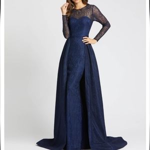Mac Duggal Long Sleeve Lace Illusion Neck and Overskirt Ball Gown Navy Size 8
